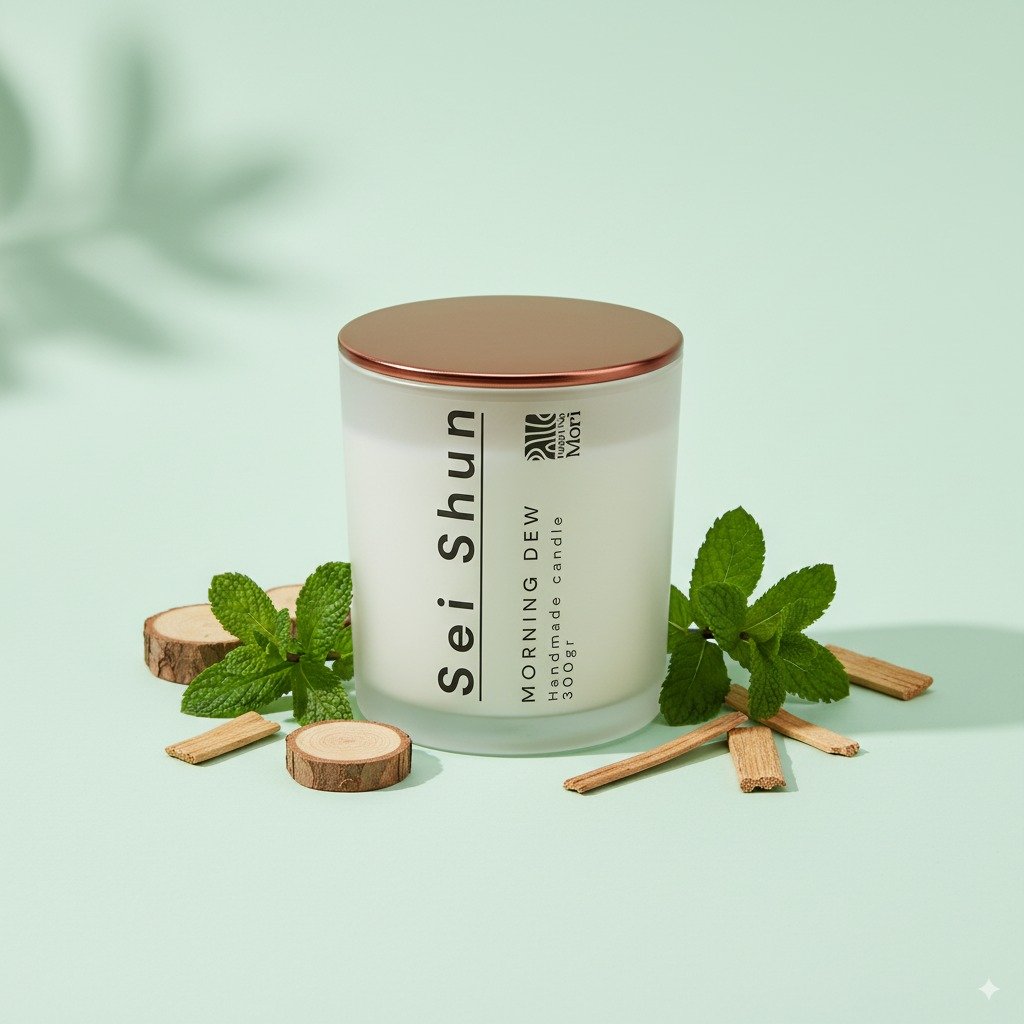 Nến thơm Morning Dew – cà phê, bạc hà, tuyết tùng. Hương thơm mạnh mẽ và tươi mới, đánh thức năng lượng tích cực cho ngày mới. Ly nến thủy tinh trắng thanh lịch