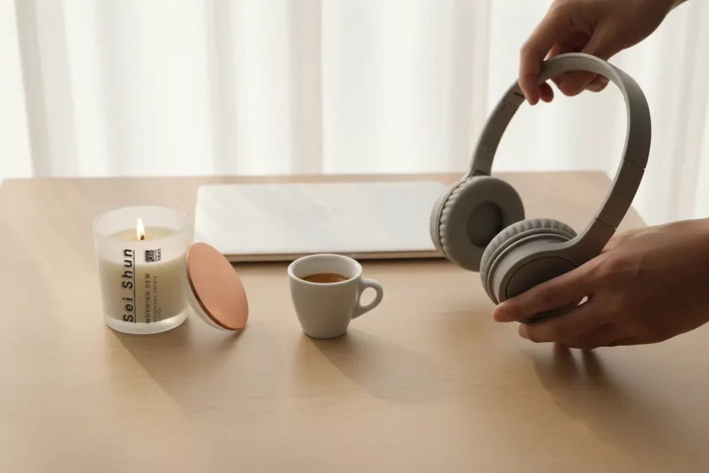 nghi thức tập trung với nến thơm hương cà phê bạc hà tuyết tùng