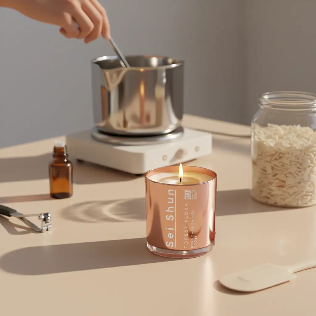 Mỗi mẻ nến đều được rót thủ công, cân chỉnh bấc và thời gian “ủ” để hương tỏa đều, cháy ổn định.